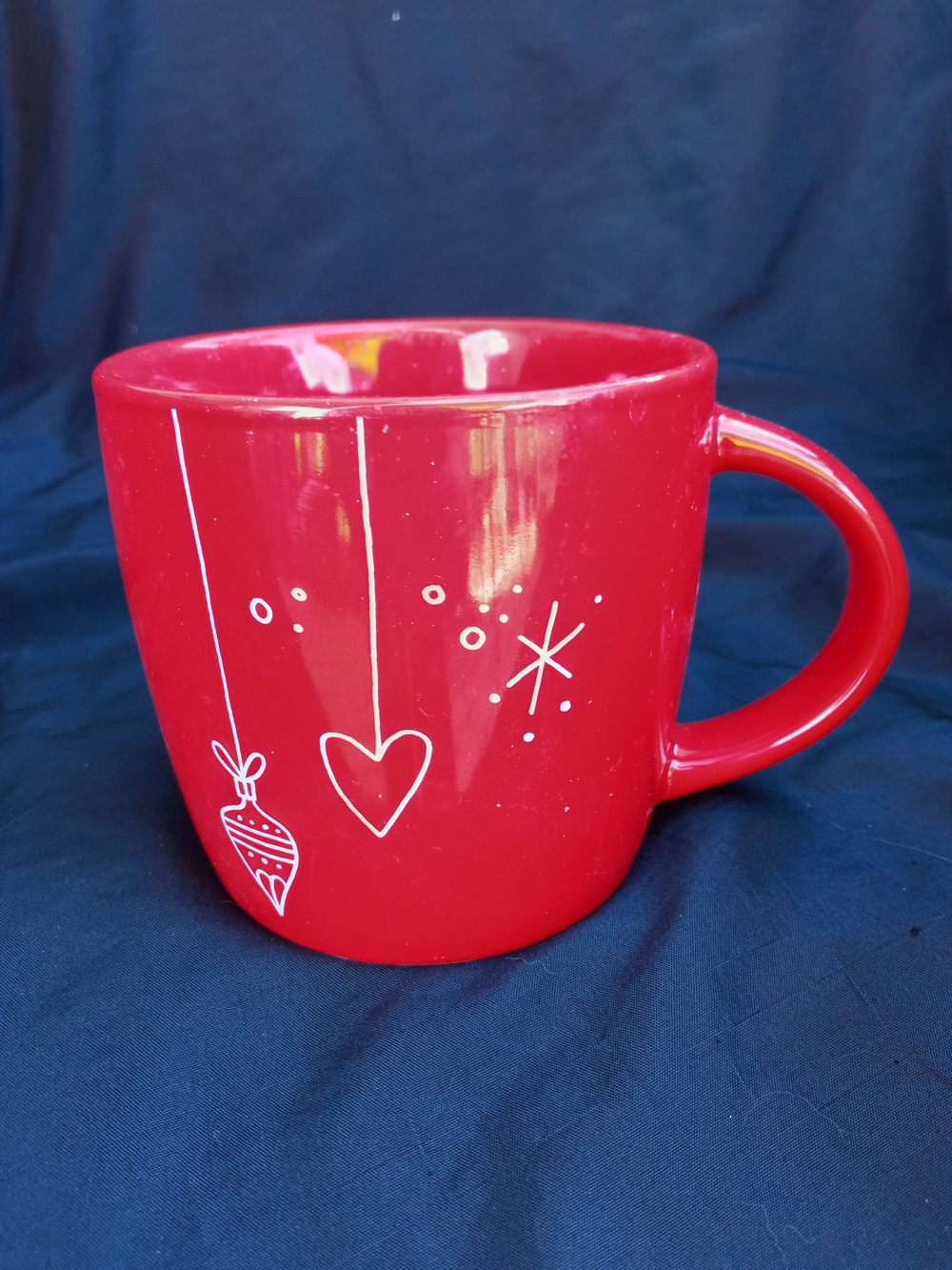 Starbucks Red Ceramic Mug with White Holiday Motif 14 Oz